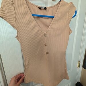 SHEIN Ribbed V‑Neck Short Sleeve Top in Beige